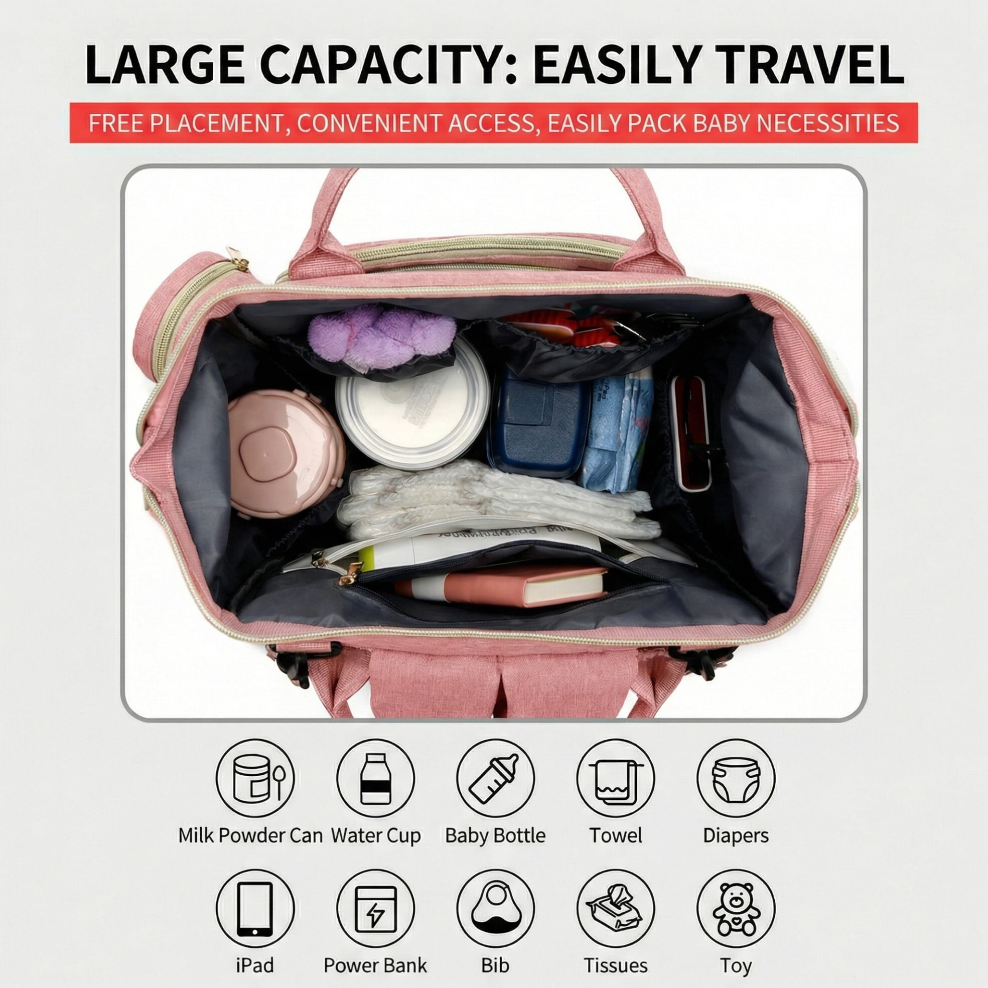 Baby diaper bag, backpack style diaper bag, baby travel bag, multi-functional waterproof baby bag with USB charging port and stroller straps,(Pink).