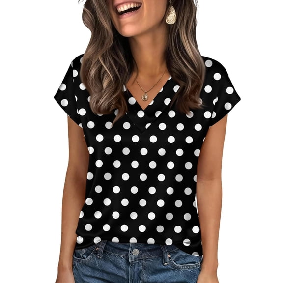 CONZONE Women's Summer T-Shirts Short Sleeve Satin T Shirts for Women Casual V Neck Dot Graphic Lightweight Tees Soft Cozy Dailywear