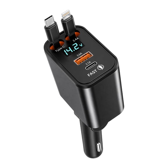 VFM Retractable Car Charger USB C 4 in 1, 120W Cigarette Lighter Car Phone Charger Adapter with Voltage Display Fast Charge for iPhone,Android,Samsung,etc