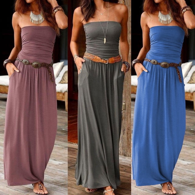 CEHVOM Robes Bandeau d'Été pour Femmes, Robes Maxi à Épaules Dénudées pour Femmes, Longue Robe Unie Sans Bretelles Robe Maxi de Plage avec Poches