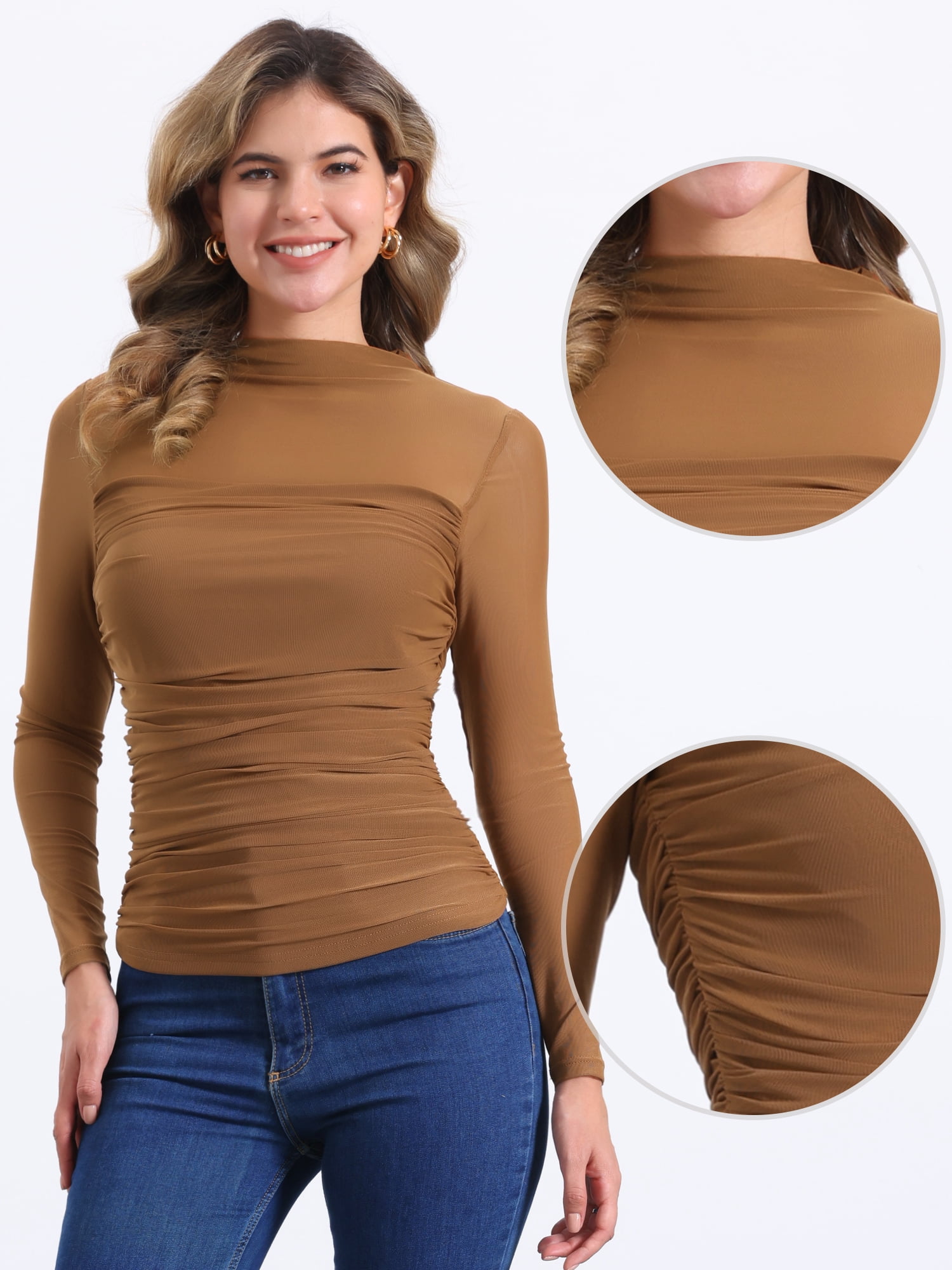 DARING DIVA Women's Sheer Panel with Side Shirring Mesh Top XS Brown