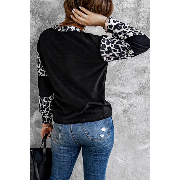 ABPHQTO Top de manga larga con bloque de color en forma de corazón de leopardo para mujer