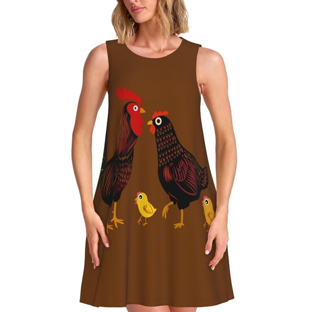 Xecao Poulet Animal de Ferme pour Robes d'Été pour Femmes Robes Décontractées de Plage Robes de Plage Sans Manches T-Shirt Robe Évasée avec Poches