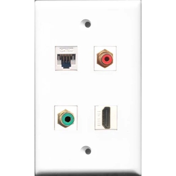 RiteAV 1 Port HDMI and 1 Port RCA Red and 1 Port RCA Green and 1 Port Cat5e Ethernet White Wall Plate