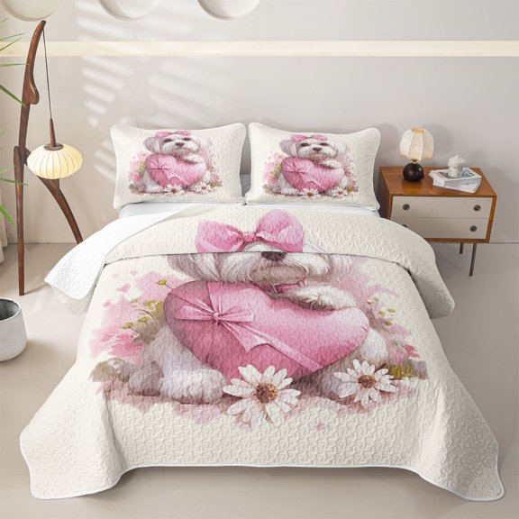 Homewish Cute Maltese Animal Twin Quilt Set,Pink Bow Heart Twin Coverlet Set,Daisy Floral Decor,2pcs
