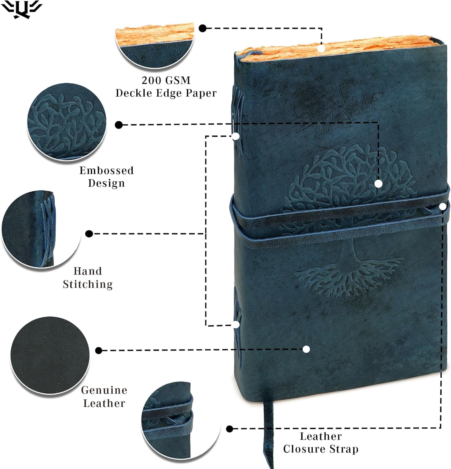 Tree Of Life Leather Journal for Women and Men, Handcrafted Writing Sketchbook Travel Diary with Unlined Deckle Paper Dark Blue 8x13