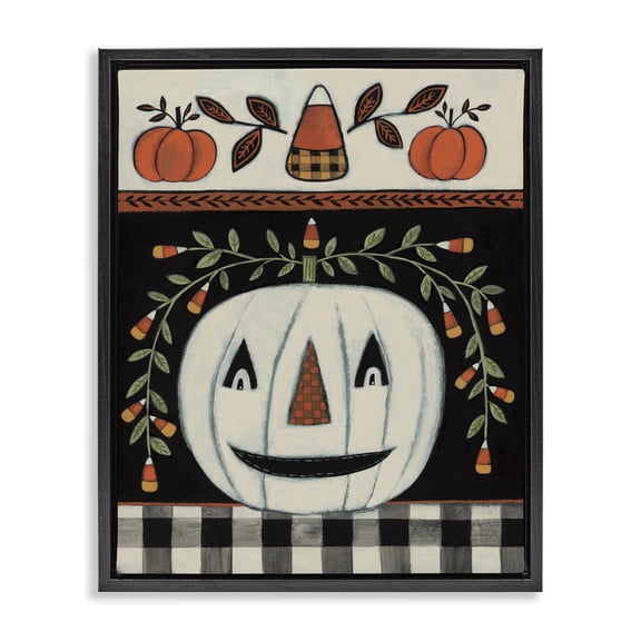 Stupell Industries Eclectic Fall Jack-o-Lantern Tartan Pattern Black Floating Frame Canvas Art, 17 x 21, by Bernadette Deming