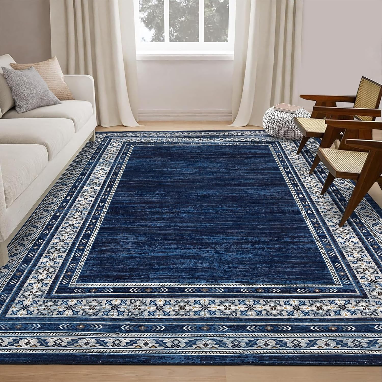 Memoryfield 9'x12' Area Rug, Modern Bordered Washable Rugs Soft Foldable Accent Rugs for Indoor Living Room Bedroom, Blue