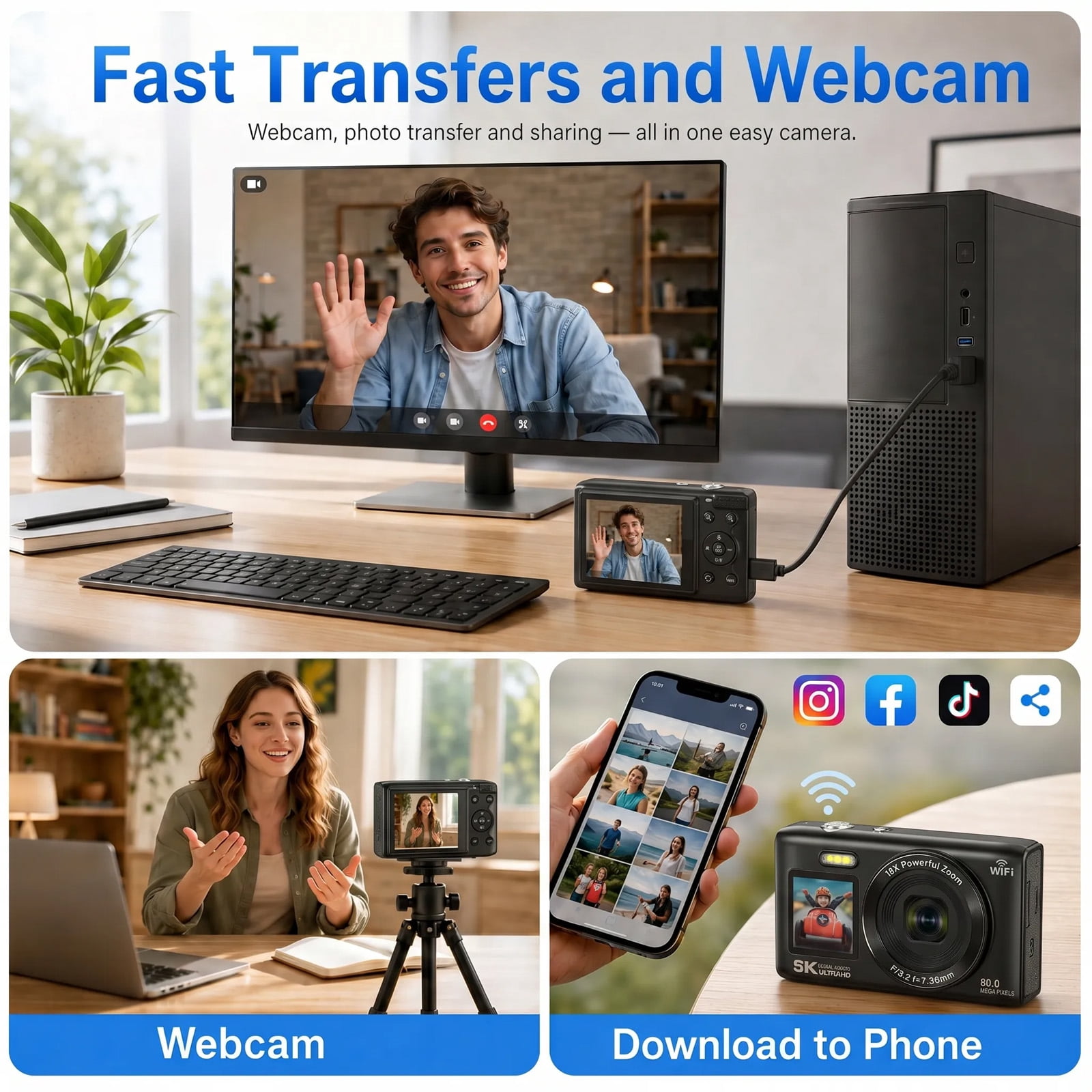 Ourlife 5K Digital Camera 80MP, Dual Screen WiFi Vlogging Device with 18X Zoom, Flash, 64GB Card, Point-and-Shoot for Teens Adults, Black