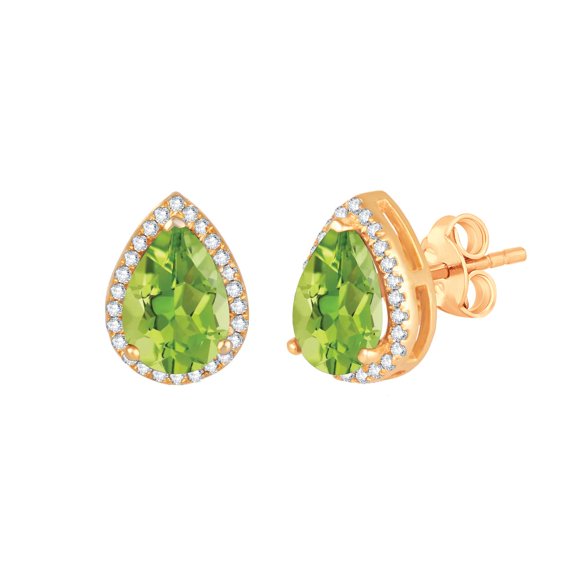 Gold Over Sterling Silver with Natural Peridot and White Zircon Halo Stud Earring