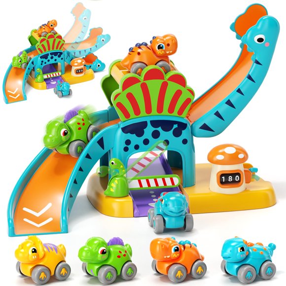 Lehoo Castle Jouets pour Garçons de 1 An, Glissoire Dinosaure avec 4 Mini Voitures Pousse-Pousse pour Bébé 12-18 Mois, Ensemble de Véhicules de Jeu pour Nourrisson, Jouet Éducatif