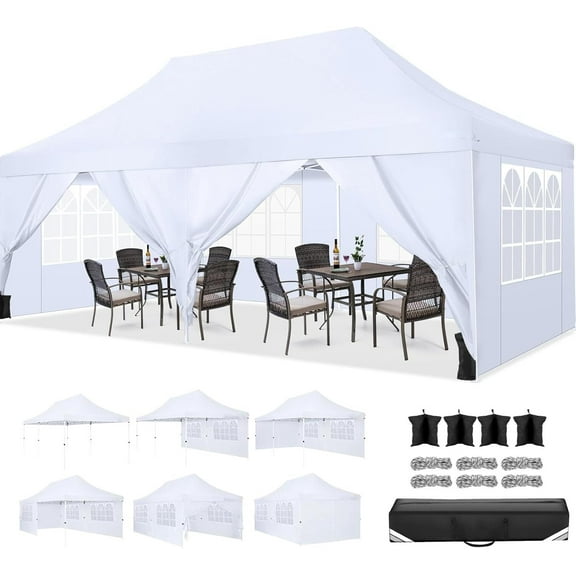 10'x20' Ez Pop up Canopy Party Tent with 6 Privacy Sidewalls, Portable Instant Commercial Canopy, Waterproof Tent for Wedding All Season Tent for Market with Carry Bag, 4 Sandbags, Black