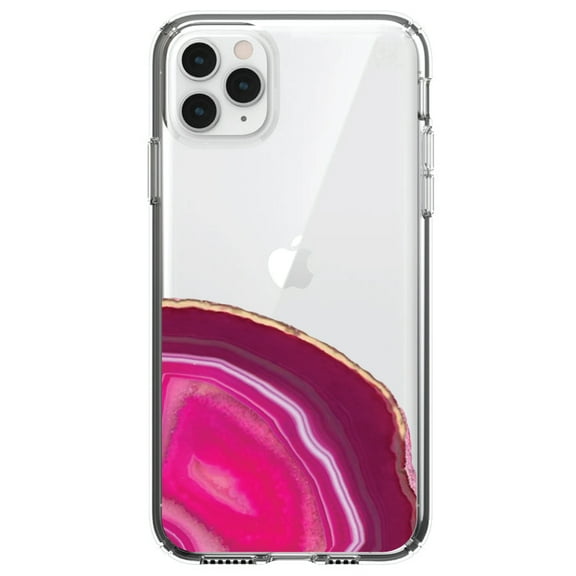 DistinctInk Clear Shockproof Hybrid Case for iPhone 11 Pro (5.8" Screen) - TPU Bumper, Acrylic Back, Tempered Glass Screen Protector - Hot Pink Agate Crystal Geode