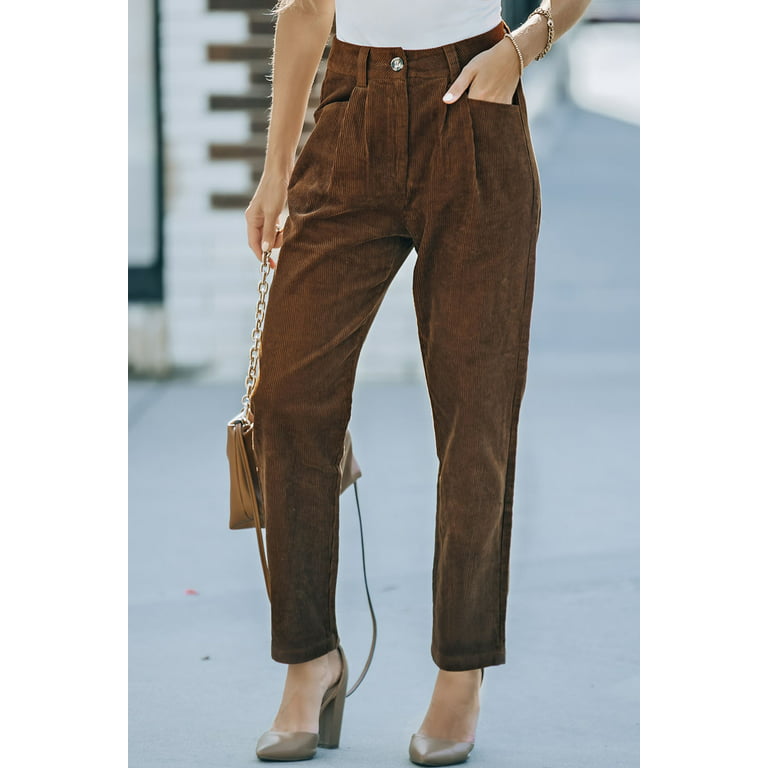 EVALESS Women's Pants Fashion Corduroy High Waisted Trousers Solid Color  Straight Leg Pants with Pockets Casual Work Pants for Womens Brown US 6 