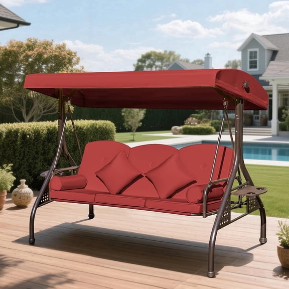Mvpipi 3-Seat Patio Swing, Convertible Swing Bed with Canopy, Thick Cushions, Pillows & Cup Holders for Backyard, Garden, Deck(Red)