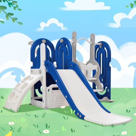 EUROCO 5 in 1 Toddler Slide and Swing Set Kids Playground Climber Slide Playset with Basketball Hoop Play Freestanding Combination  Indoor & Outdoor Toys for Kids Teens Boys Girls Blue