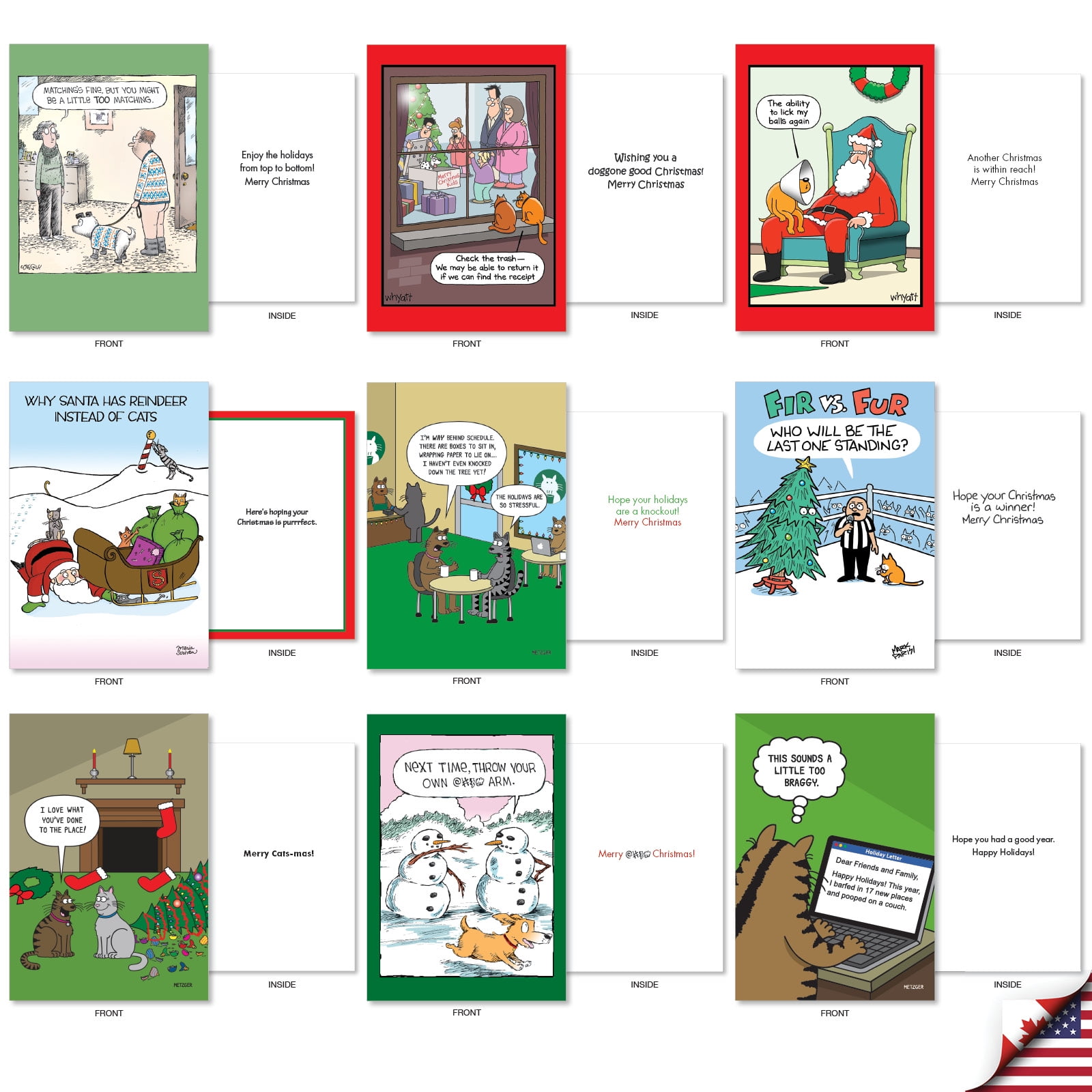 NobleWorks 36 Assorted Box Set Funny Christmas Greeting Cards w/5 x 7 Inch Envelopes (36 Designs, 1 Each) Holiday Dog And Cat Toons AC10709XSG-B1x36
