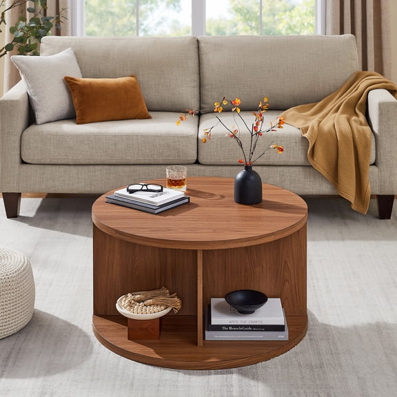 IFMust 32" Modern Round Coffee Table with Cross-Bracing Base and Open Storage Shelf, Dark Wood Grain Finish for Living Room, Bedroom, Office, Apartment,Natural wood