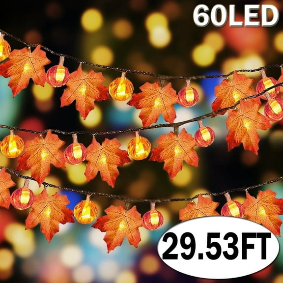 Thanksgiving Lights Pumpkin Maple Leaves String Lights, 29.5 Ft 60 LED Fall Lighted Garland for Holiday Party Indoor Outdoor Halloween Decor