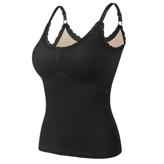 DuoJiaJ Sleeveless Thermal Shirts For Women V Neck Vest With Built In Bra Lined Underwear Thermal Tank Top Camisole Winter Tops Winter Underwear Women Black One Size