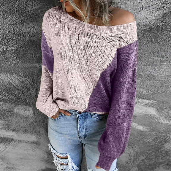 VALMASS Long Sleeve Crewneck Off Shoulder Color Block Patchwork Pullover Knit Sweater Women (XL, Purple)