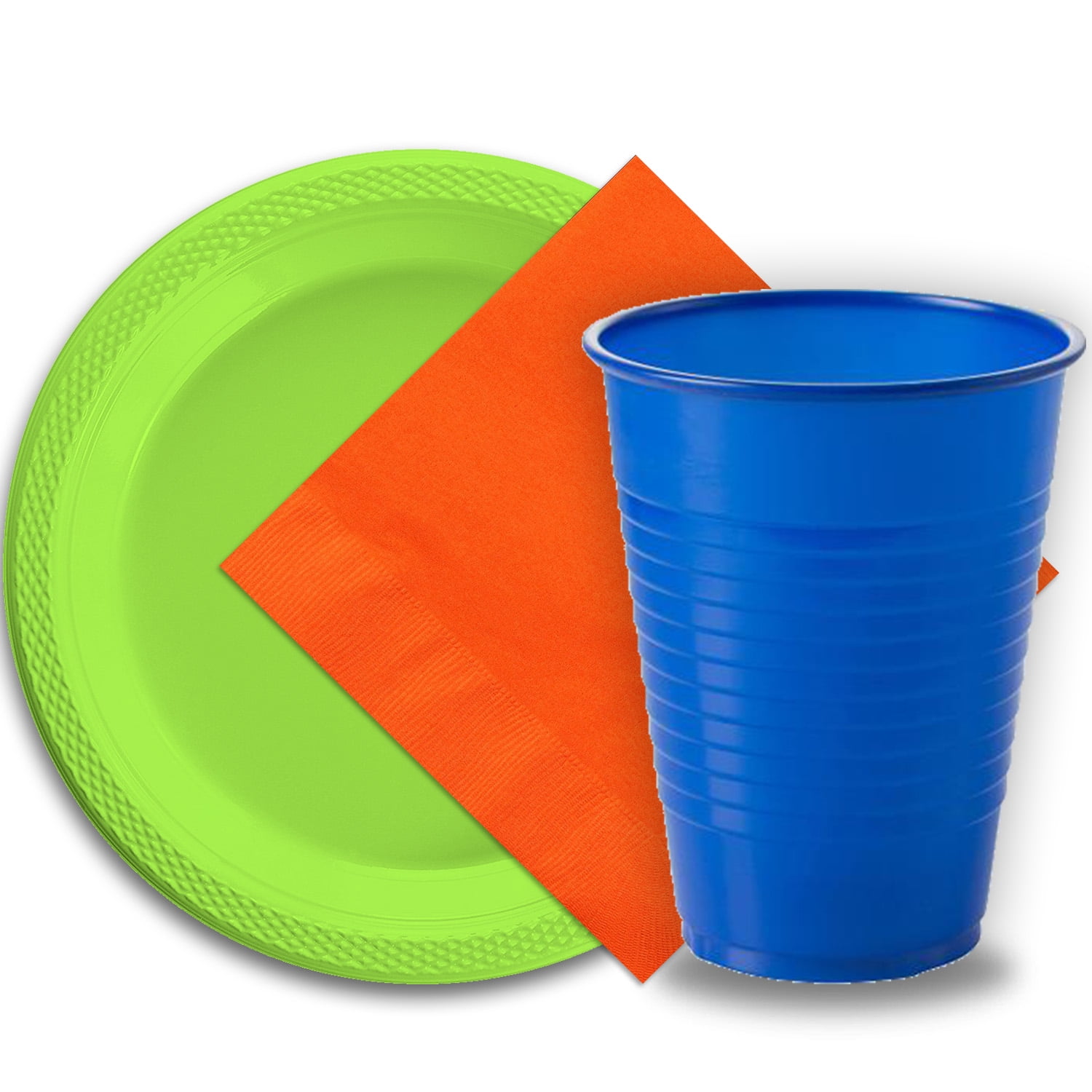 50 Lime Green Plastic Plates (9"), 50 Dark Blue Plastic Cups (12 oz.), and 50 Orange Paper