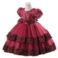 thumbnail image 4 of Vestido para niñas, vestido bordado con lentejuelas, lazo, manga corta, falda de princesa abullonada, 4 of 4