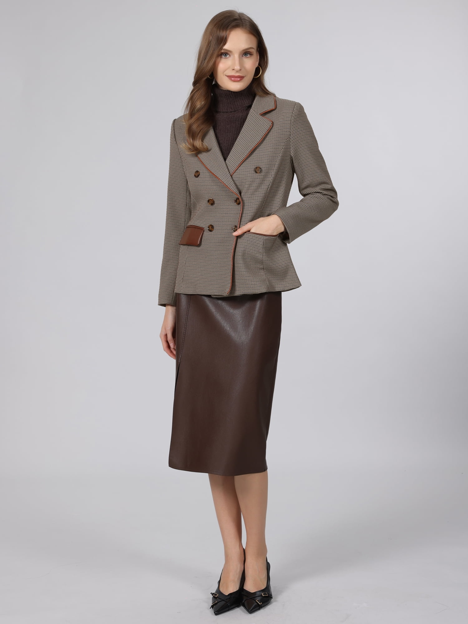 DARING DIVA Women's Plaid Blazer Houndstooth Double Breasted Jacket M Grey Brown