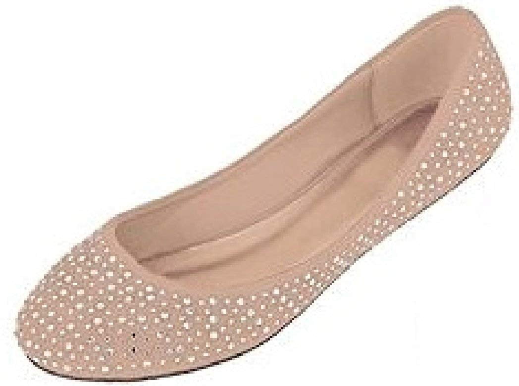 Shoes8teen Womens Faux Suede Rhinestone Ballerina Ballet Flats Shoes 5 Colors 11 4021 Nude