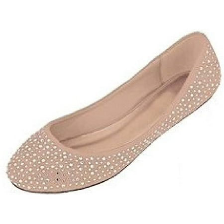 Womens Faux Suede Rhinestone Ballerina Ballet Flats Shoes 5 Colors (11, 4021 Nude)