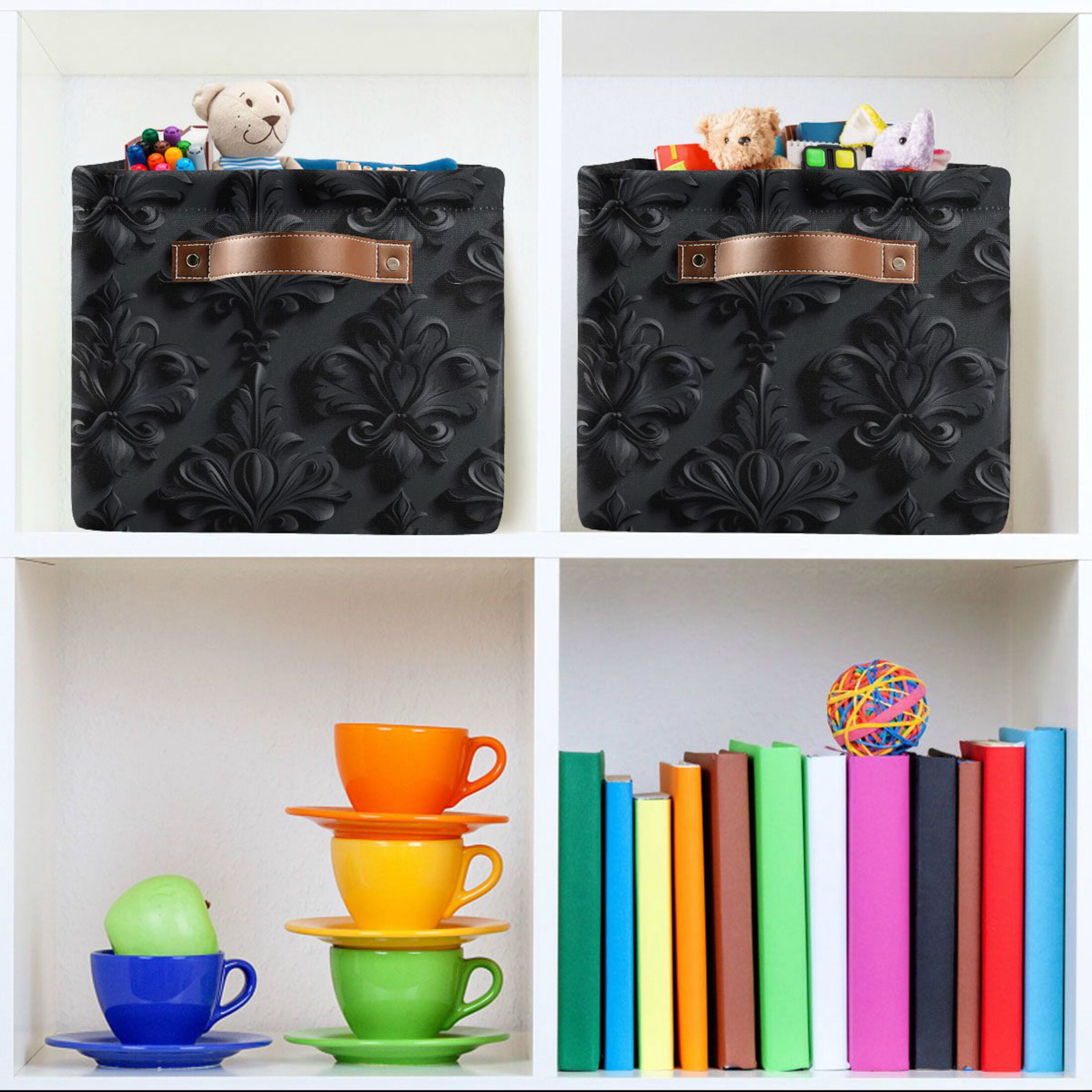 2 Pack Storage Bins with Handle Fabric Organizer Basket Foldable Box 3d Dark Black Damask 14.2x10.2x8.3