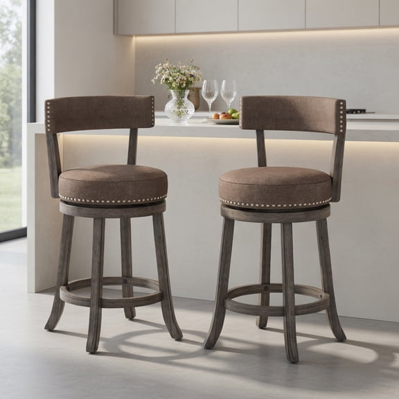 Barara King Bar Stools, Counter Bar Stools,Set of 2 Counter Height Chairs with 360° Swivel Seat and Rubber Wood Frame-24 Inches