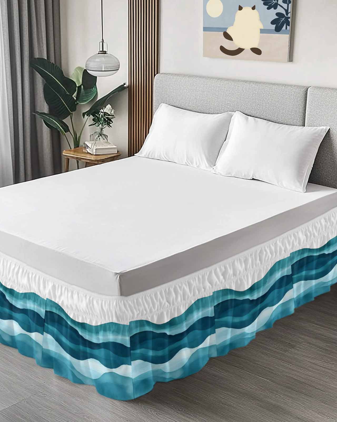Teal Blue Bed Skirt Water Ripple Abstract Gradient Coean Waves Bed Skirts Queen Size 16 Inch Drop, Wrap Around Dust Ruffle&nbsp;Bedskirt with Adjustable Elastic Belt for Queen Size Beds