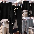 thumbnail image 2 of comerut 2 Pcs/Set Women Sweatshirt Pants Set Fake Two-piece Loose Elastic Waist Crew Neck Solid Color Warm Drawstring Casual Women Autumn Tracksuit for Daily Wear, 2 of 7