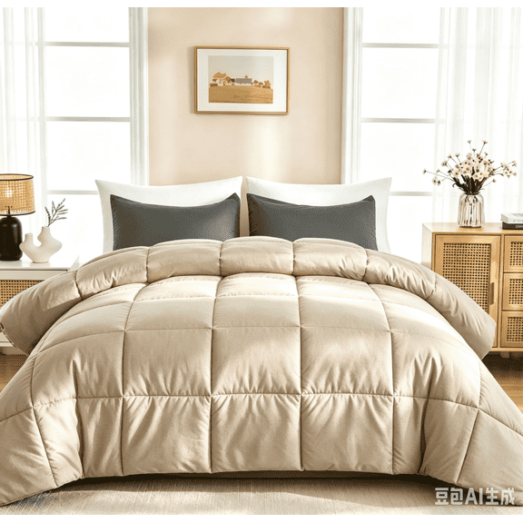 Queen Size Comforter Sets, 3 Piece Soft Quilted Bedding Sets, All-Season Down Alternative Comforter with 2 Pillow Shams, Oatmeal
