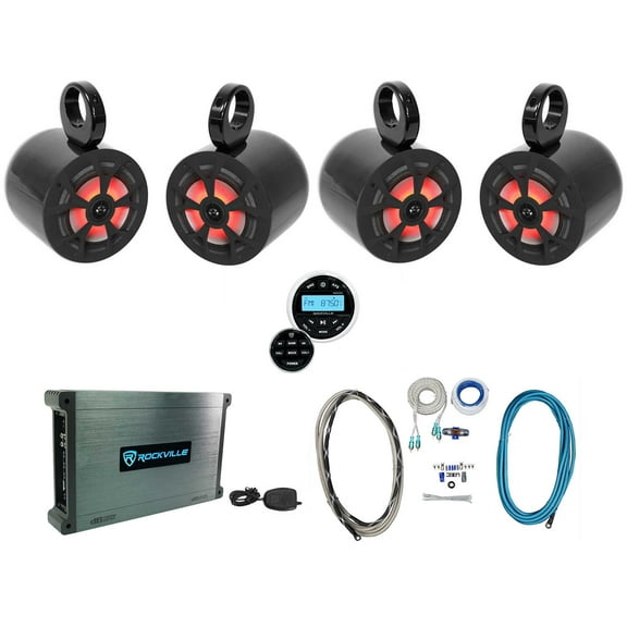 4) Rockville RKL65MBW 6.5" Marine Boat Wakeboard Tower LED Speakers Amp Receiver