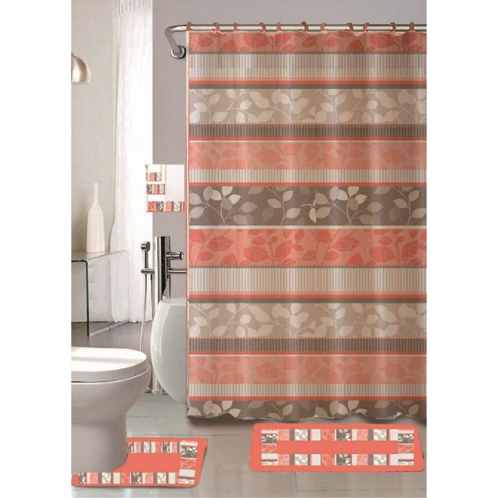 Zen Peach 18Piece Bathroom Set 2Rugs/Mats, 1Fabric Shower Curtain, 12Fabric Covered Rings