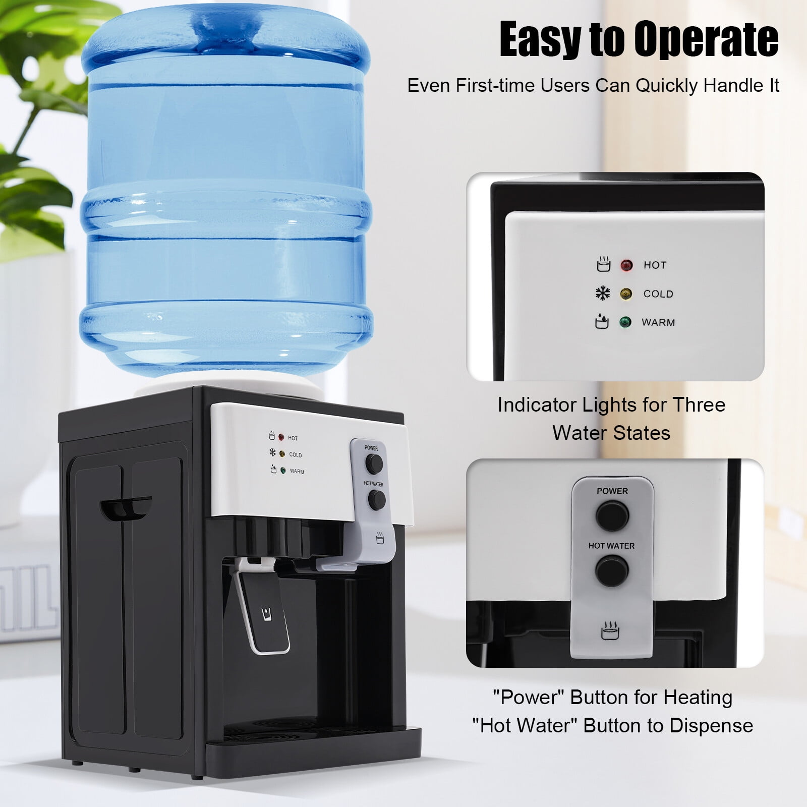 Countertop Hot and Cold Water Dispenser, Compact Top Loading Water Cooler with Warm Water Option, Fast Heating, Food-Grade Stainless Steel Tank for Home, Office & Dorm