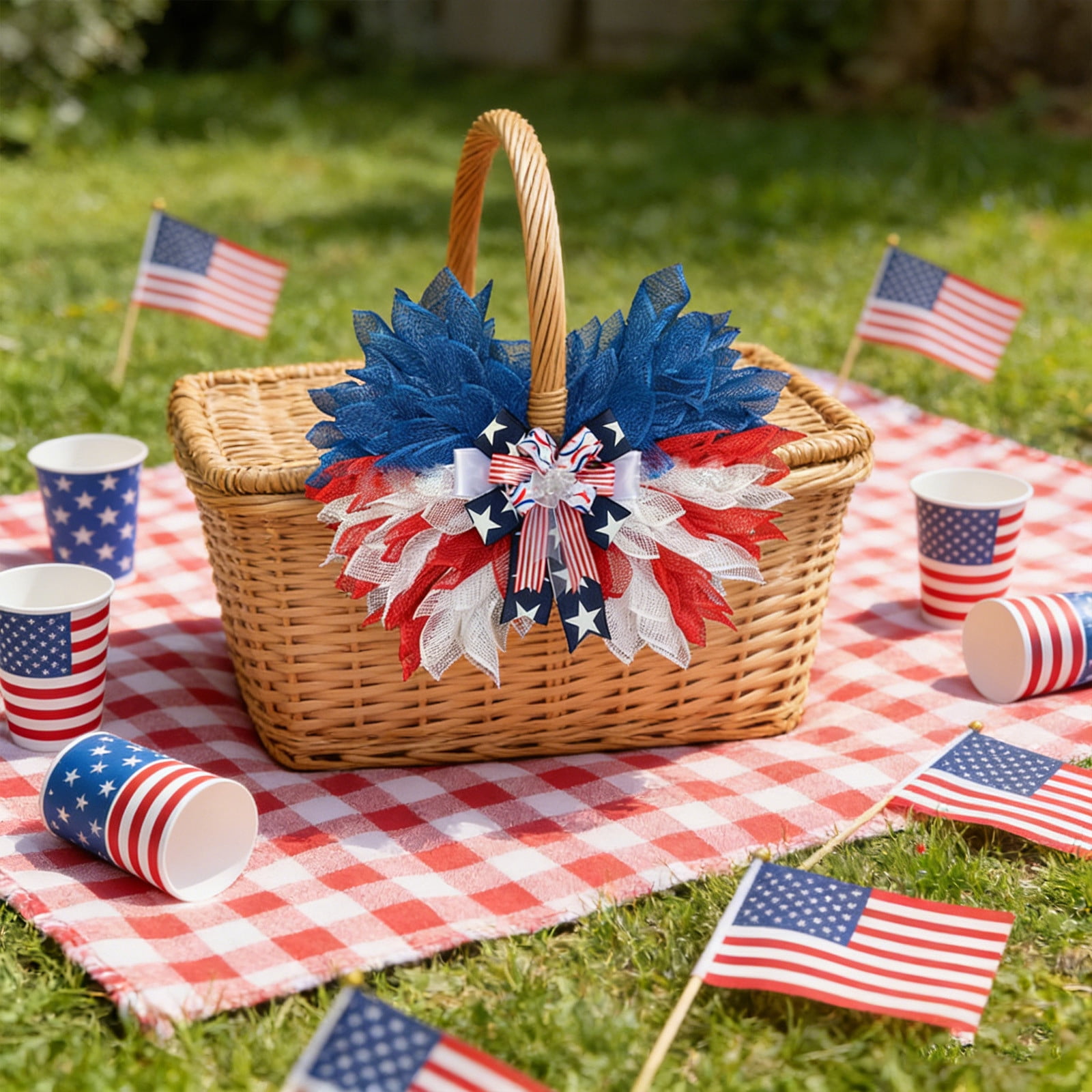 Stijggn 4th of July Decor Bow for Wreath 4th of July Decorations Outdoor Red White Blue Stripe Stars Tree Topper Bows for Patriotic,Independence Day,Memorial Day,Veteran's Day
