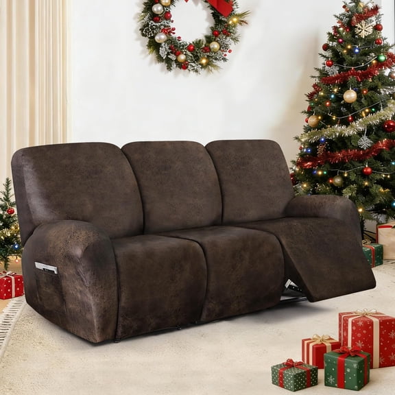 Leather Look Recliner Couch Cover 8-Piece Stretch Slipcover for 3 Seater Sofa Brown