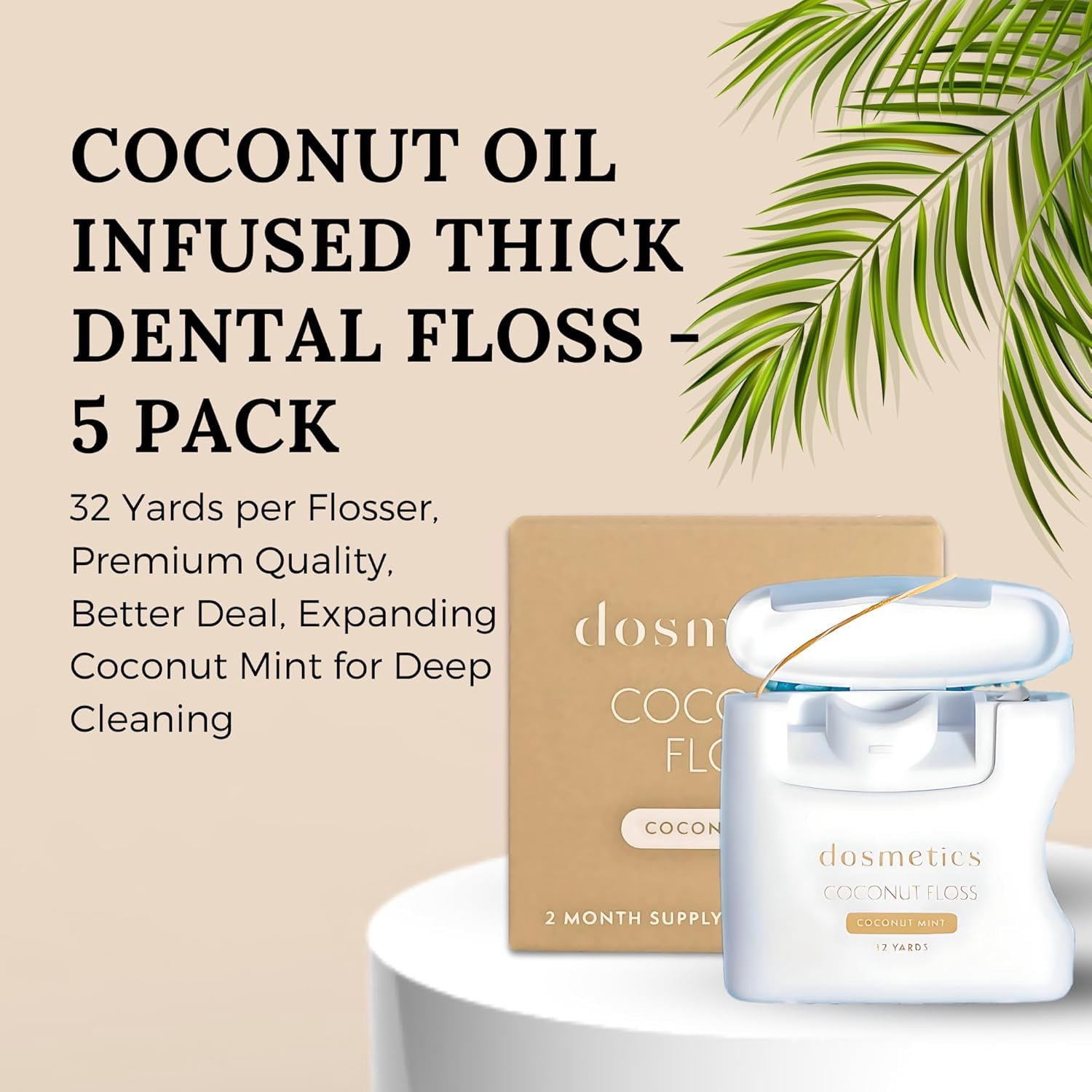 Coconut Oil Infused Thick Dental Floss 5 Pack, Coconut Mint Expanding Dental Floss, Oral Care Stretchable Floss, Tooth Floss for Plaque Removal and Protection, 32 Yards x 5 Flossers