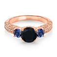 thumbnail image 2 of Gem Stone King 18K Rose Gold Plated Silver Black Onyx Blue Created Sapphire and White Moissanite Engagement Ring for Women (1.86 Cttw, Gemstone December Birthstone, Round 7MM and 4MM, Size 7), 2 of 3