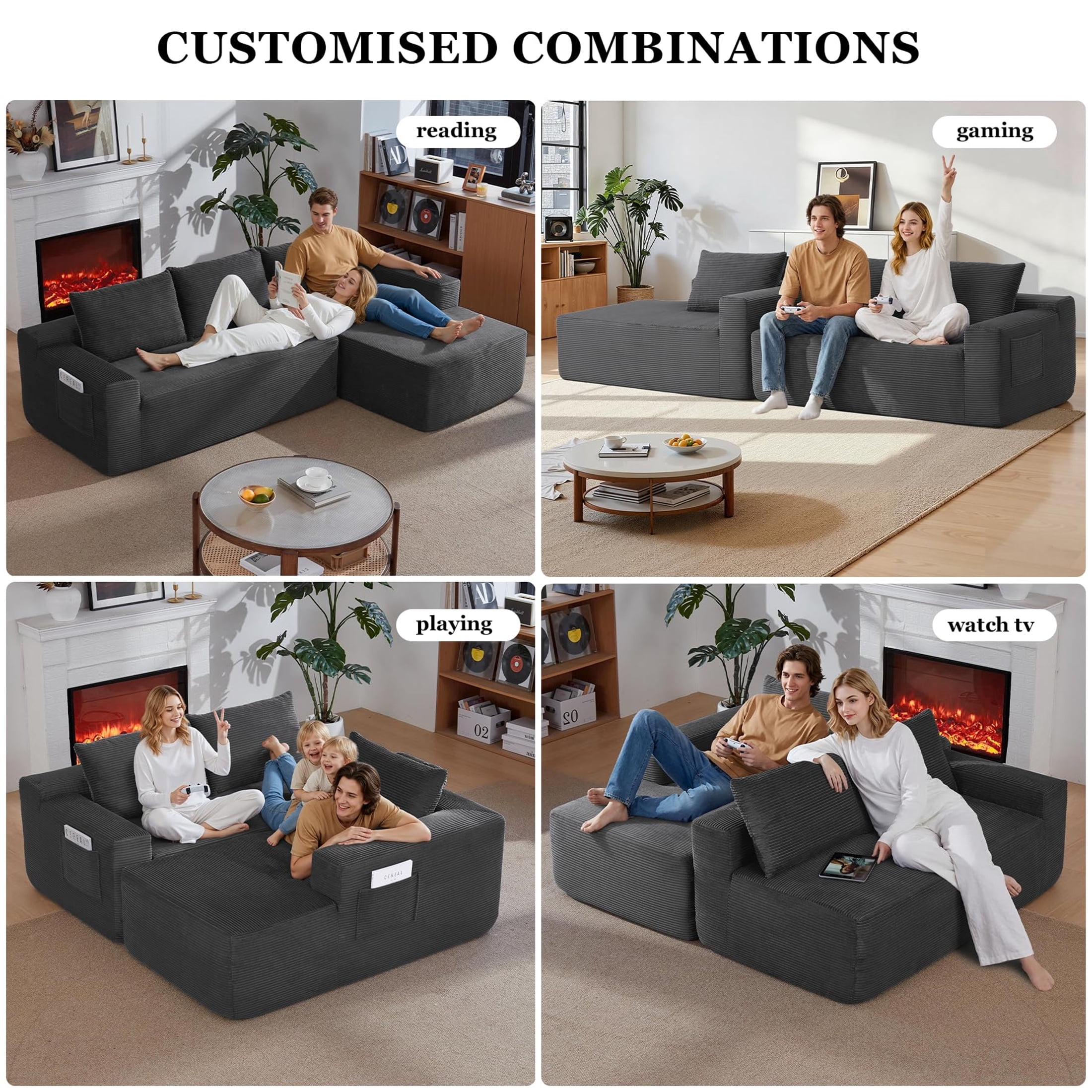 Aukfa 95" Cloud Sectional Sofa Deep Seat Boneless Couch Modular L-Shaped Couch, Right Chaise Corduroy Sofa for Living Room, Dark Gray