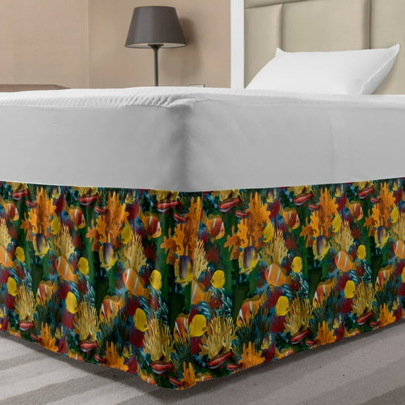 Clown Bed Skirt, Continuous Colorful Underwater Pattern with Tropical Fish Type Reef and Corals Print, Elastic Bedskirt Dust Ruffle Wrap Around for Bedding Decor, 4 Sizes, Multicolor, by Ambesonne