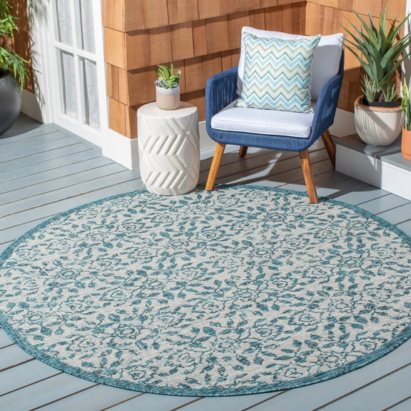 SAFAVIEH Courtyard Zenji Floral Indoor/Outdoor Area Rug, Grey/Blue, 6'7" x 6'7" Round