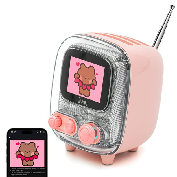 Divoom Tiivoo-2 Altavoz Bluetooth retro con radio FM, mini altavoz inalámbrico portátil Pixel Art, decoración vintage, adecuado para fiestas, oficina, escritorio, hogar, dormitorio, cocina, color rosa