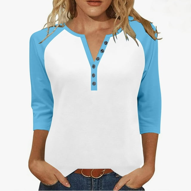 Plebaso Womens Tops 3/4 Length Sleeve Button Tee Color Block Tshirts Casual Lightweight Tunic Blouses