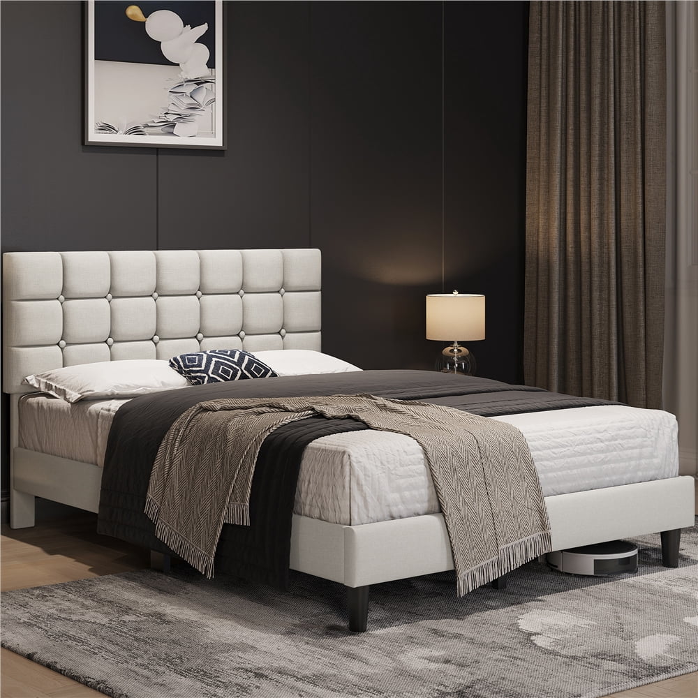 Yaheetech Upholstered Platform Bed with Square Tufted Headboard, Queen, Beige