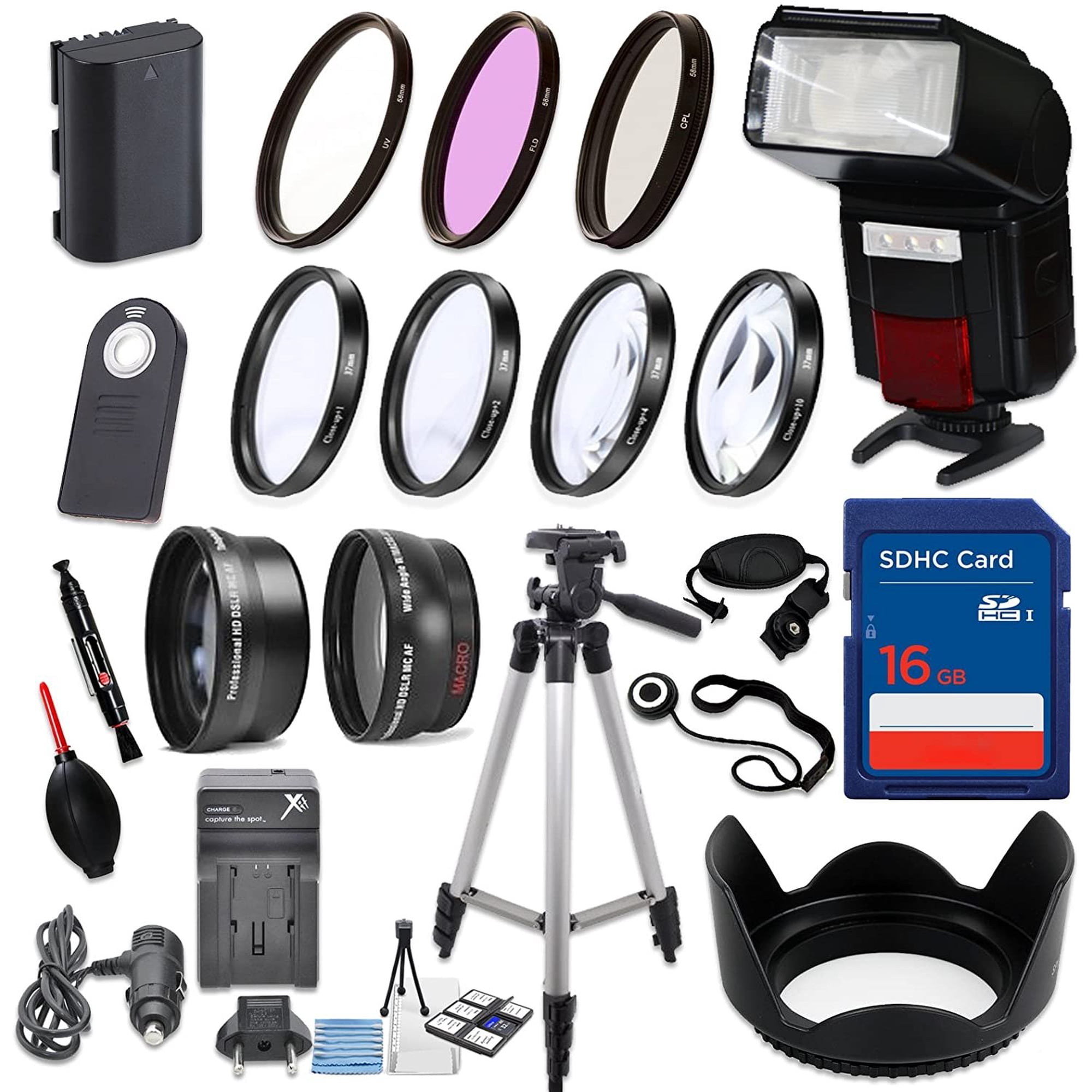 58mm 16 Piece Accessory Kit for Canon EOS 70D, 80D, 7D Mark II DSLRs with Replaceable LP-E6 Battery, Automatic LED Flash, 16GB SD Memory, HD Filters, Tripod, Auxiliary Lenses & More