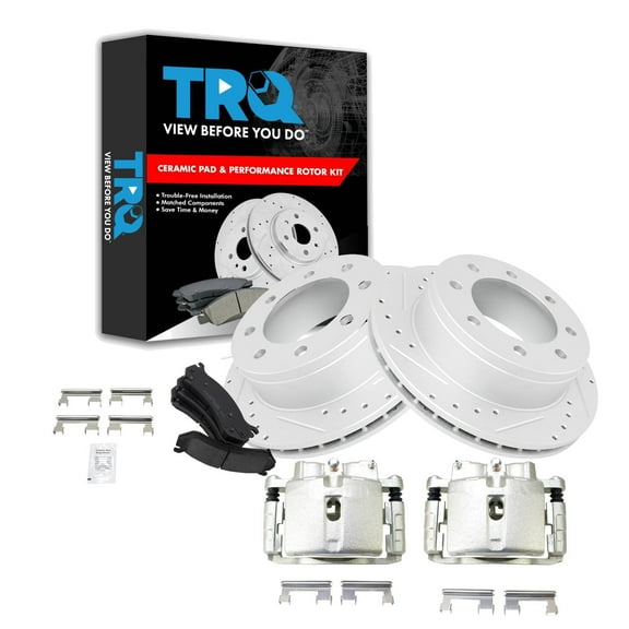 TRQ Rear Brake Calipers Ceramic Pads Drilled Rotors Fits Select Avalanche Suburban Yukon